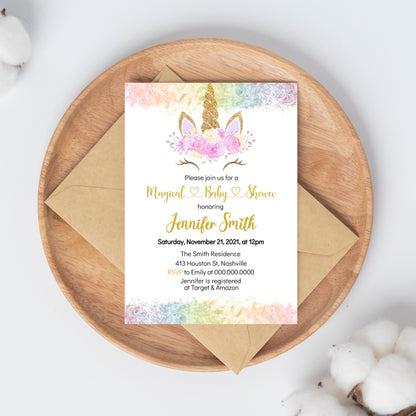 Unicorn Rainbow Baby Shower Invitation Template, Rainbow Unicorn Invitation, Magical Baby Shower, Girl Baby Shower,Editable Instant Download