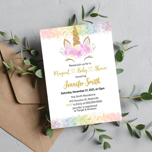 Unicorn Rainbow Baby Shower Invitation Template, Rainbow Unicorn Invitation, Magical Baby Shower, Girl Baby Shower,Editable Instant Download