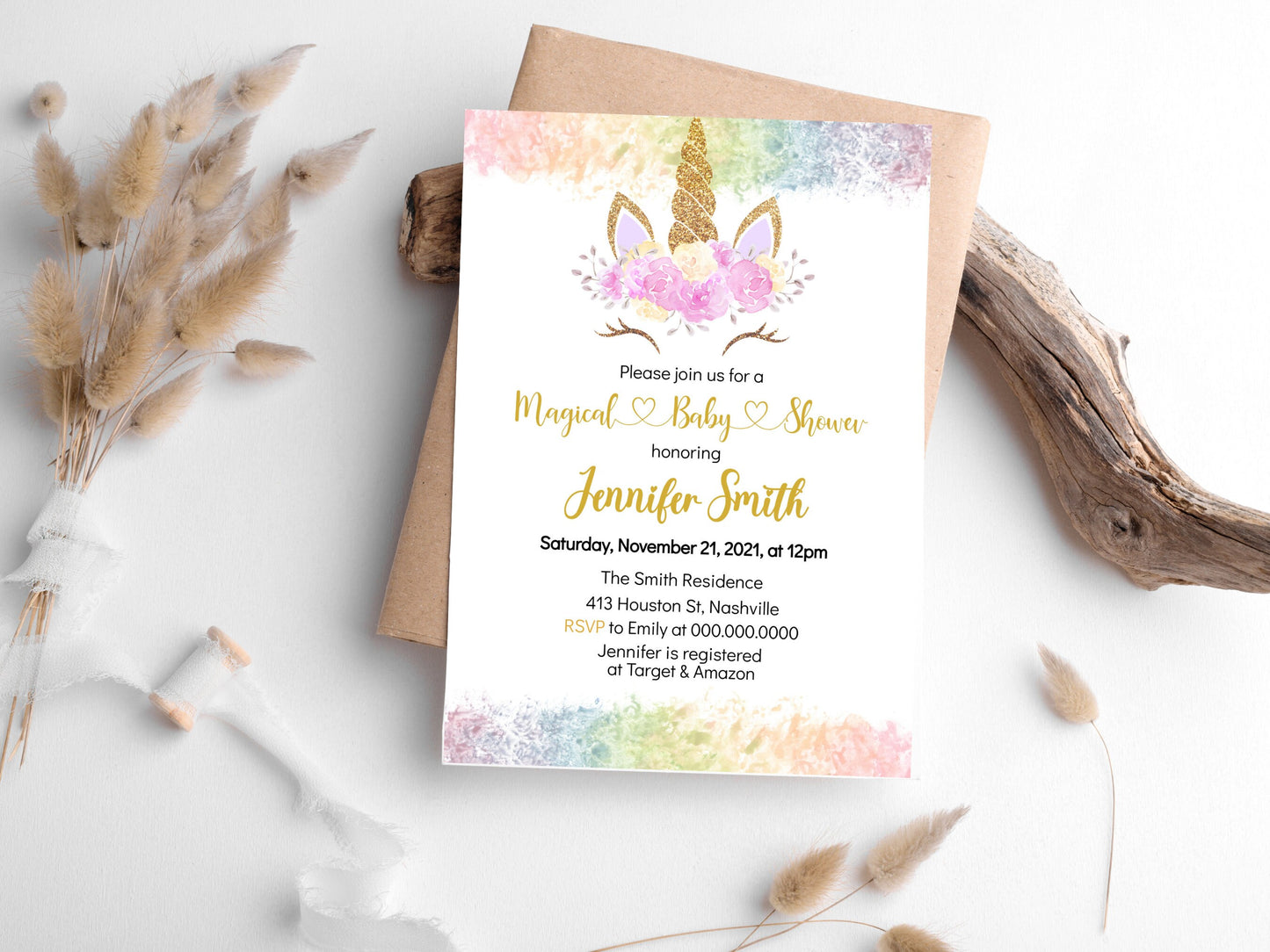 Unicorn Rainbow Baby Shower Invitation Template, Rainbow Unicorn Invitation, Magical Baby Shower, Girl Baby Shower,Editable Instant Download