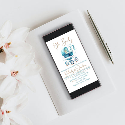 Editable Oh Baby Boy Stroller Baby Shower Invitation Template, Pram Baby Shower Invite, Minimalist Blue Boho Baby Shower, Instant Download