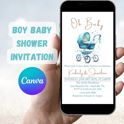 Editable Oh Baby Boy Stroller Baby Shower Invitation Template, Pram Baby Shower Invite, Minimalist Blue Boho Baby Shower, Instant Download