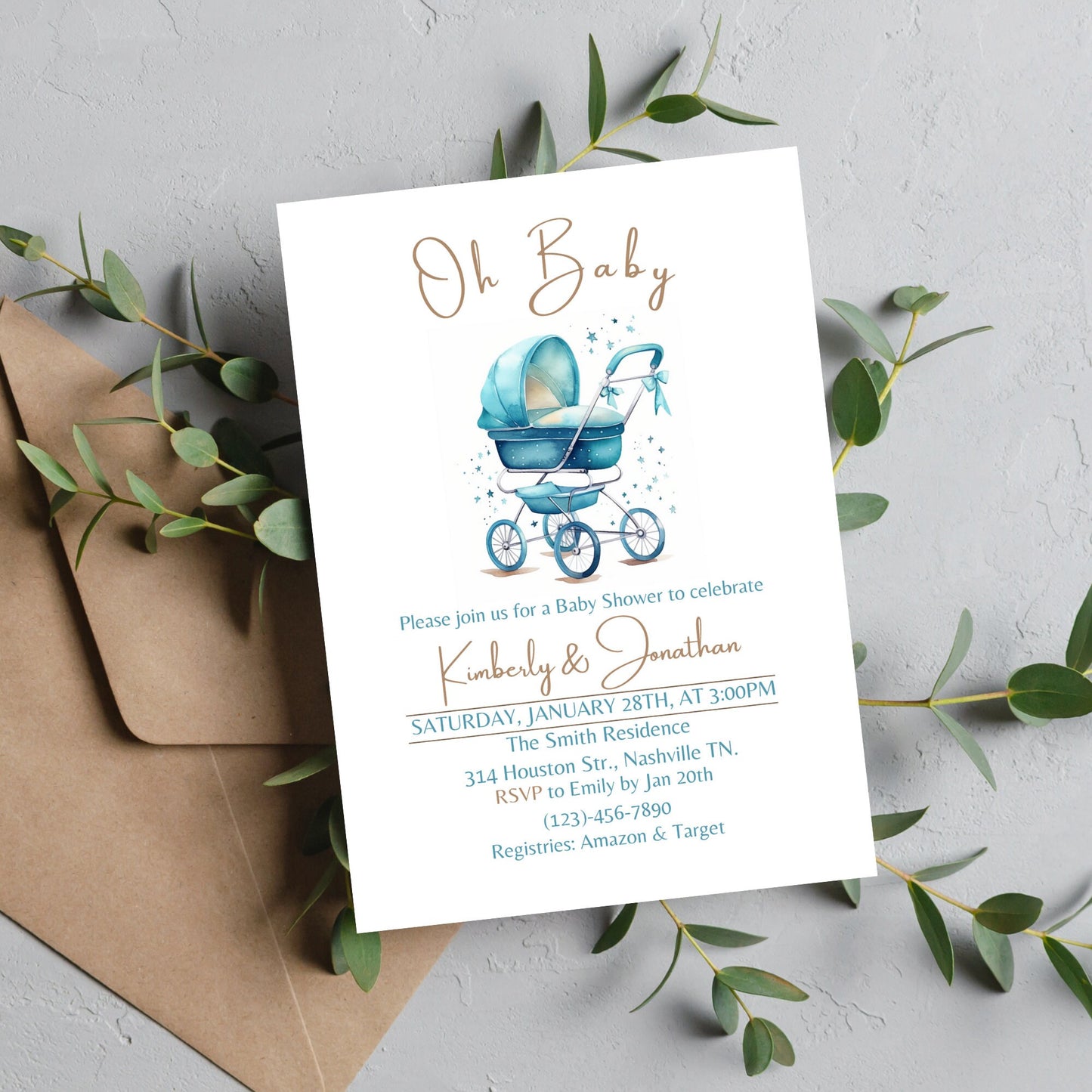 Editable Oh Baby Boy Stroller Baby Shower Invitation Template, Pram Baby Shower Invite, Minimalist Blue Boho Baby Shower, Instant Download