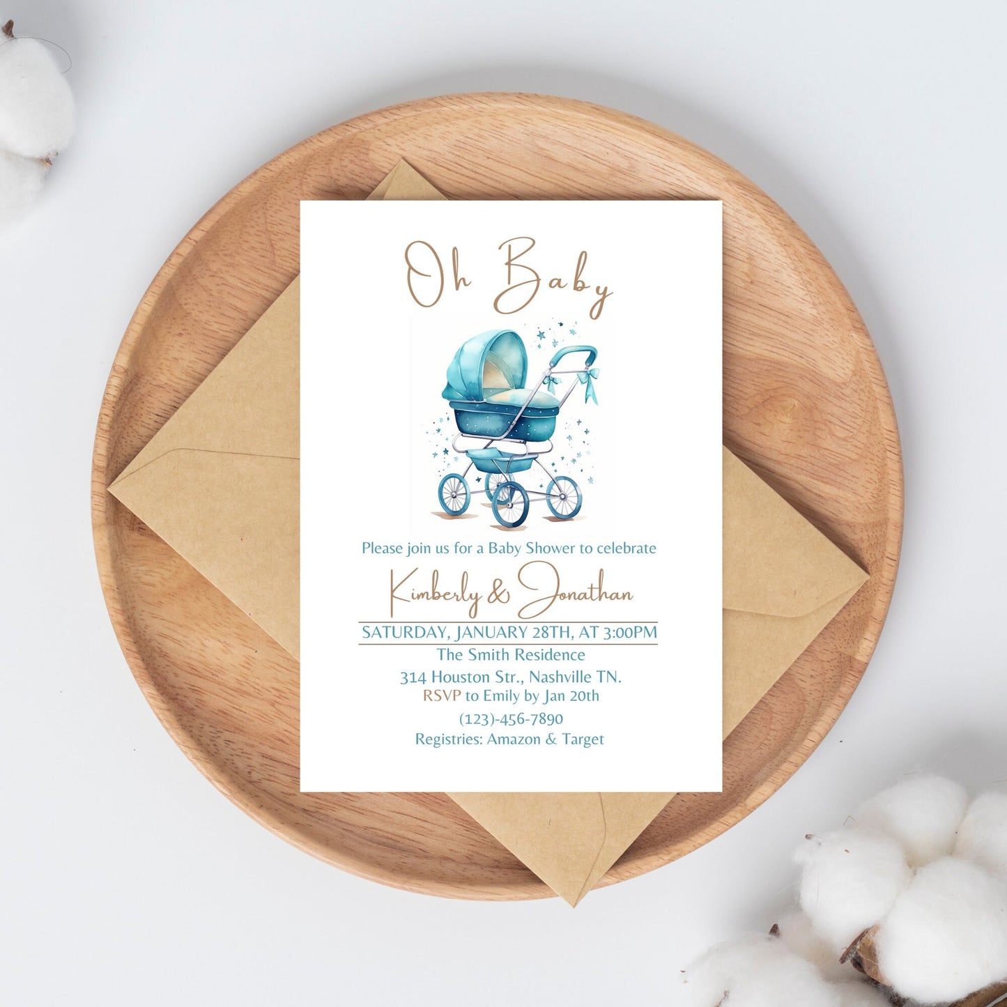 Editable Oh Baby Boy Stroller Baby Shower Invitation Template, Pram Baby Shower Invite, Minimalist Blue Boho Baby Shower, Instant Download