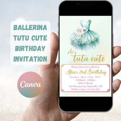 Tutu Birthday Invitation, Ballerina Invite, Mint Tutu Ballerina Birthday Invite, Ballet Tutu Cute, Digital Editable Template, Printable