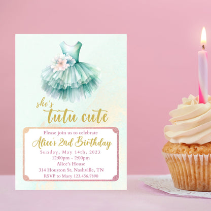 Tutu Birthday Invitation, Ballerina Invite, Mint Tutu Ballerina Birthday Invite, Ballet Tutu Cute, Digital Editable Template, Printable