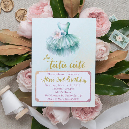 Tutu Birthday Invitation, Ballerina Invite, Mint Tutu Ballerina Birthday Invite, Ballet Tutu Cute, Digital Editable Template, Printable