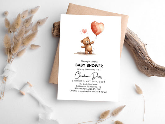 Editable Bear Baby Shower Invitation, Gender Neutral Bear Invite, We Can Bearly Wait, Brown Bear Baby Shower Invitation, Minimal Invitation