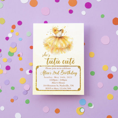 Tutu Birthday Invitation, Ballerina Invite, Gold Tutu Ballerina Birthday Invite, Ballet Tutu Cute, Digital Editable Template, Printable