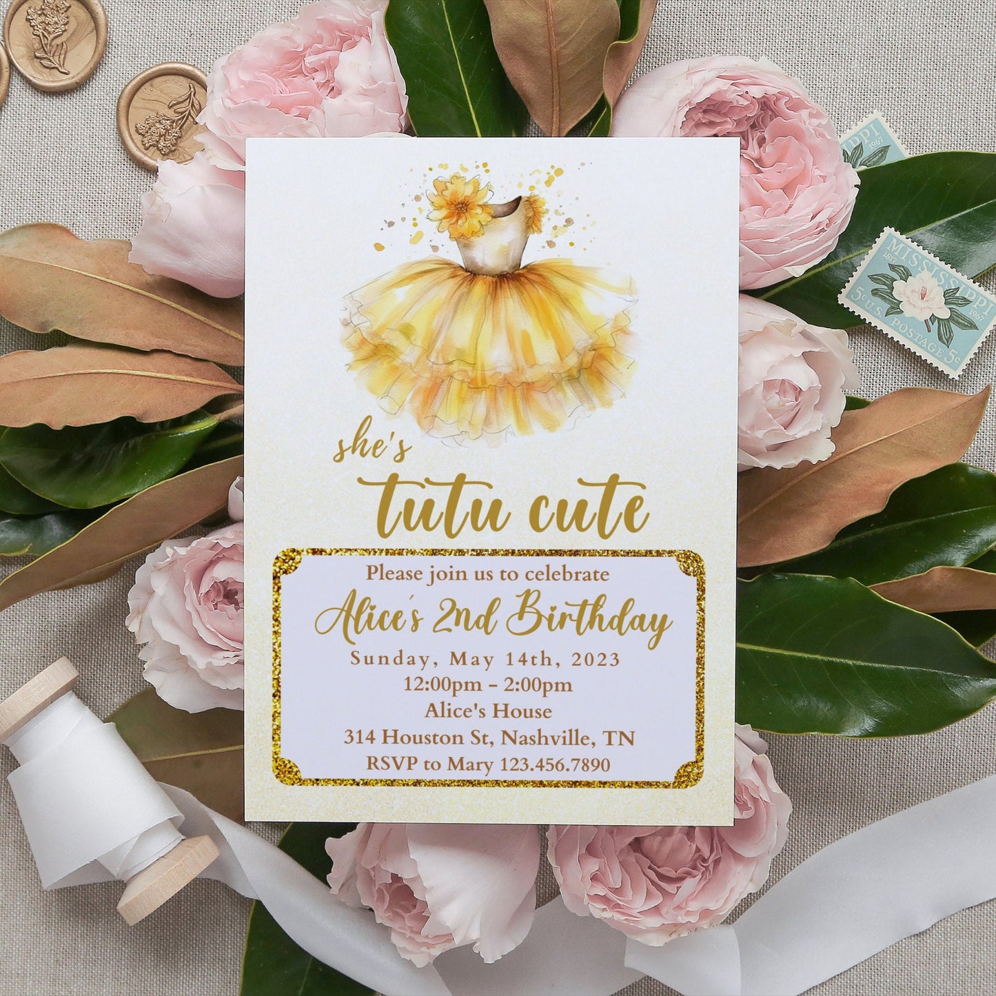 Tutu Birthday Invitation, Ballerina Invite, Gold Tutu Ballerina Birthday Invite, Ballet Tutu Cute, Digital Editable Template, Printable