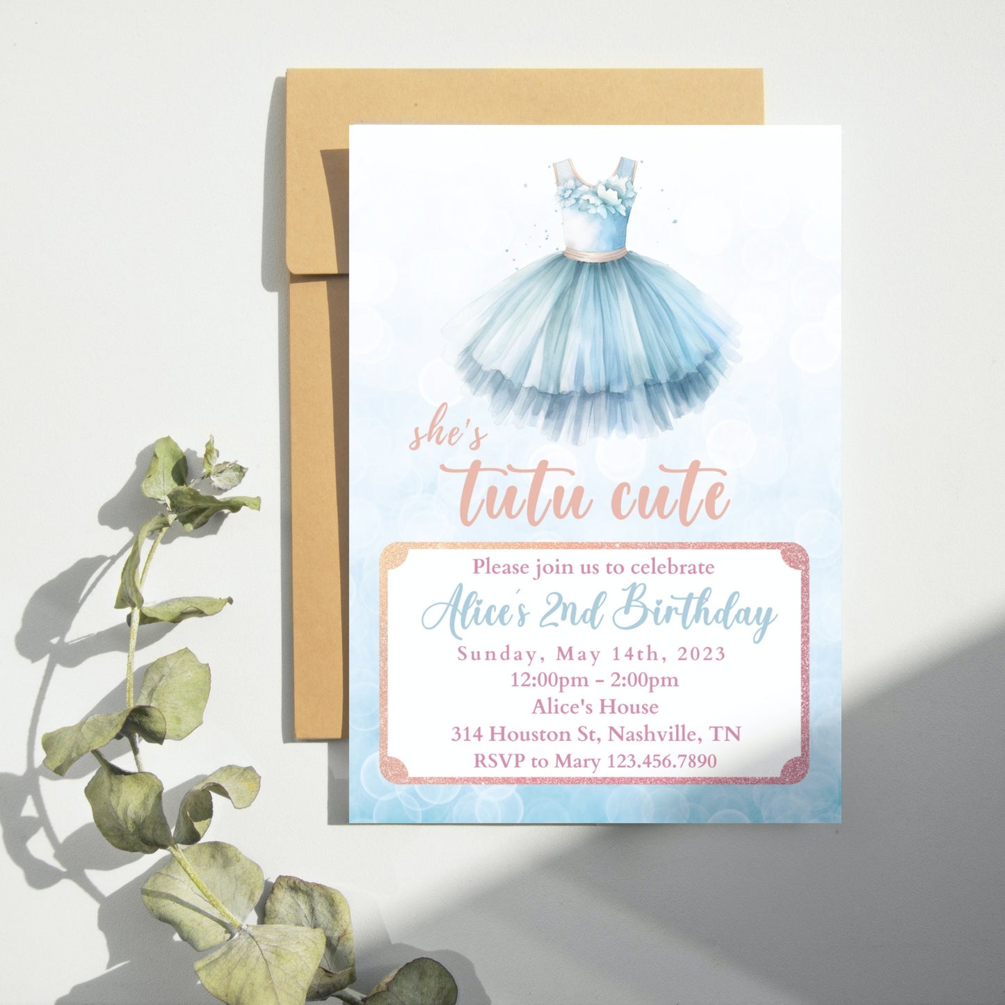 Tutu Birthday Invitation, Ballerina Invite, Blue Tutu Ballerina Birthday Invite, Ballet Tutu Cute, Digital Editable Template, Printable