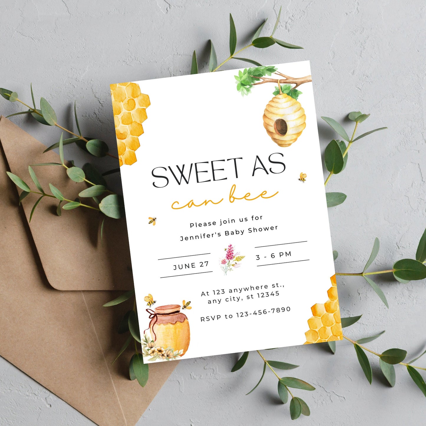 Sweet as can Bee Baby Shower Invitation, Honey Bee Baby Shower Invite, Bee Baby Shower Invitation Template, Honeycomb, Instant Download