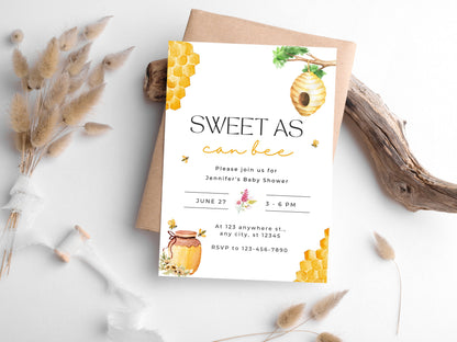 Sweet as can Bee Baby Shower Invitation, Honey Bee Baby Shower Invite, Bee Baby Shower Invitation Template, Honeycomb, Instant Download