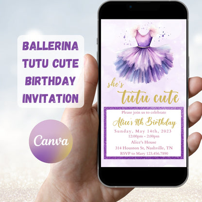 Tutu Birthday Invitation, Ballerina Invite, Purple Tutu Ballerina Birthday Invite, Ballet Tutu Cute, Digital Editable Template, Printable