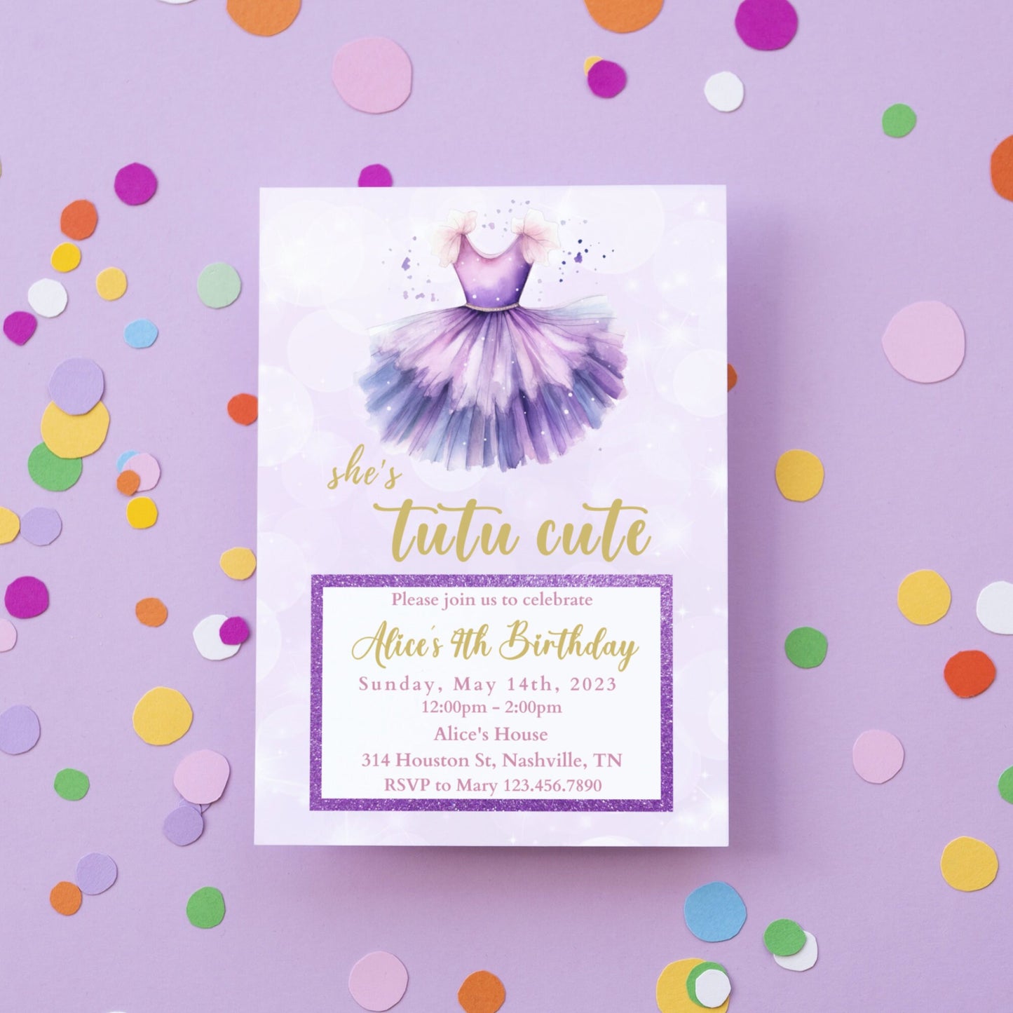 Tutu Birthday Invitation, Ballerina Invite, Purple Tutu Ballerina Birthday Invite, Ballet Tutu Cute, Digital Editable Template, Printable