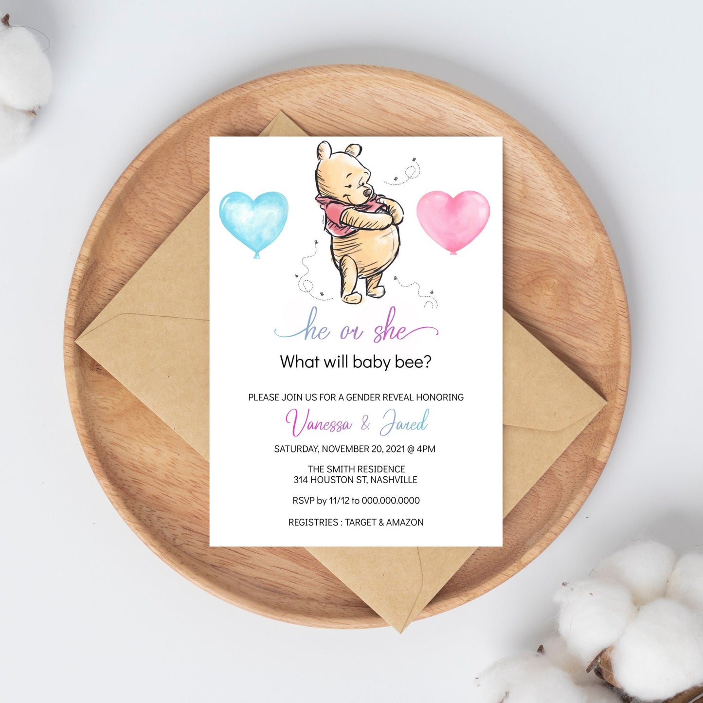 Editable Winnie the Pooh Gender Reveal Invitation Pooh Bear Invitation He or She Winnie Baby Shower Bee Gender Reveal Invite Printable