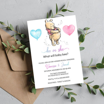 Editable Winnie the Pooh Gender Reveal Invitation Pooh Bear Invitation He or She Winnie Baby Shower Bee Gender Reveal Invite Printable