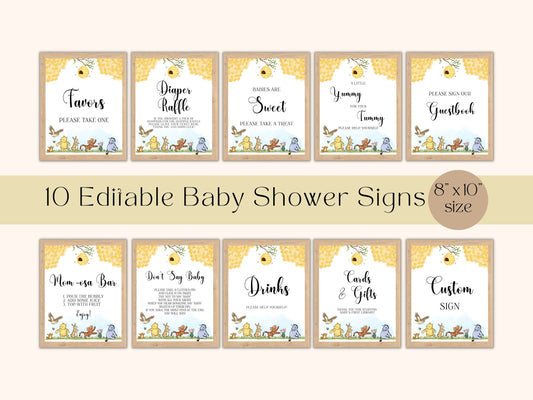 Editable Classic Winnie the Pooh Baby Shower Signs Bundle, Gender Neutral Pooh Bear Baby Shower, Diaper Raffle Sign, Favors, Cards and Gifts