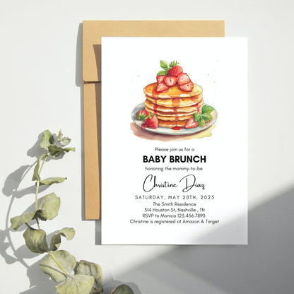 Baby Brunch Invitation, Baby Shower Brunch Invitation, Pancakes Invite, Baby Sprinkle Brunch, Strawberry Brunch Invitation, Instant Download