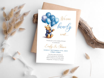 Winnie the Pooh Baby Shower Invitation Template, Boy Pooh Bear Baby Shower, Editable Winnie Invitation, Boy Pooh Bear, Instant Download