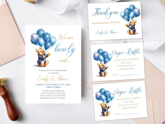 Winnie the Pooh Baby Shower Invitation Set, Boy Pooh Bear Baby Shower Bundle, Editable Winnie Invitation, Diaper Raffle, Thank you card