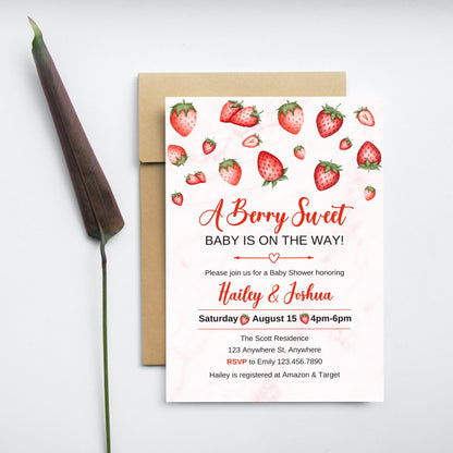 Strawberry Baby Shower Invitation, Berry Sweet Baby on the Way, Berry Sweet Invitation, Strawberry Baby Shower Invite, Instant Download