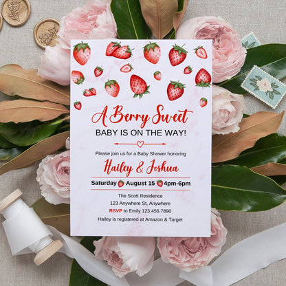 Strawberry Baby Shower Invitation, Berry Sweet Baby on the Way, Berry Sweet Invitation, Strawberry Baby Shower Invite, Instant Download