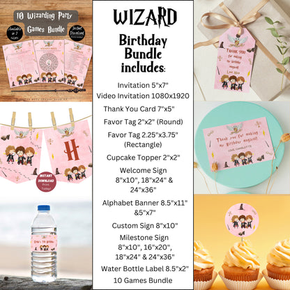 Wizard Birthday Invitation Bundle, Editable Printable Magical Birthday Party Bundle, Witch Kids Party Decor, Girl Wizard Invitation Bundle