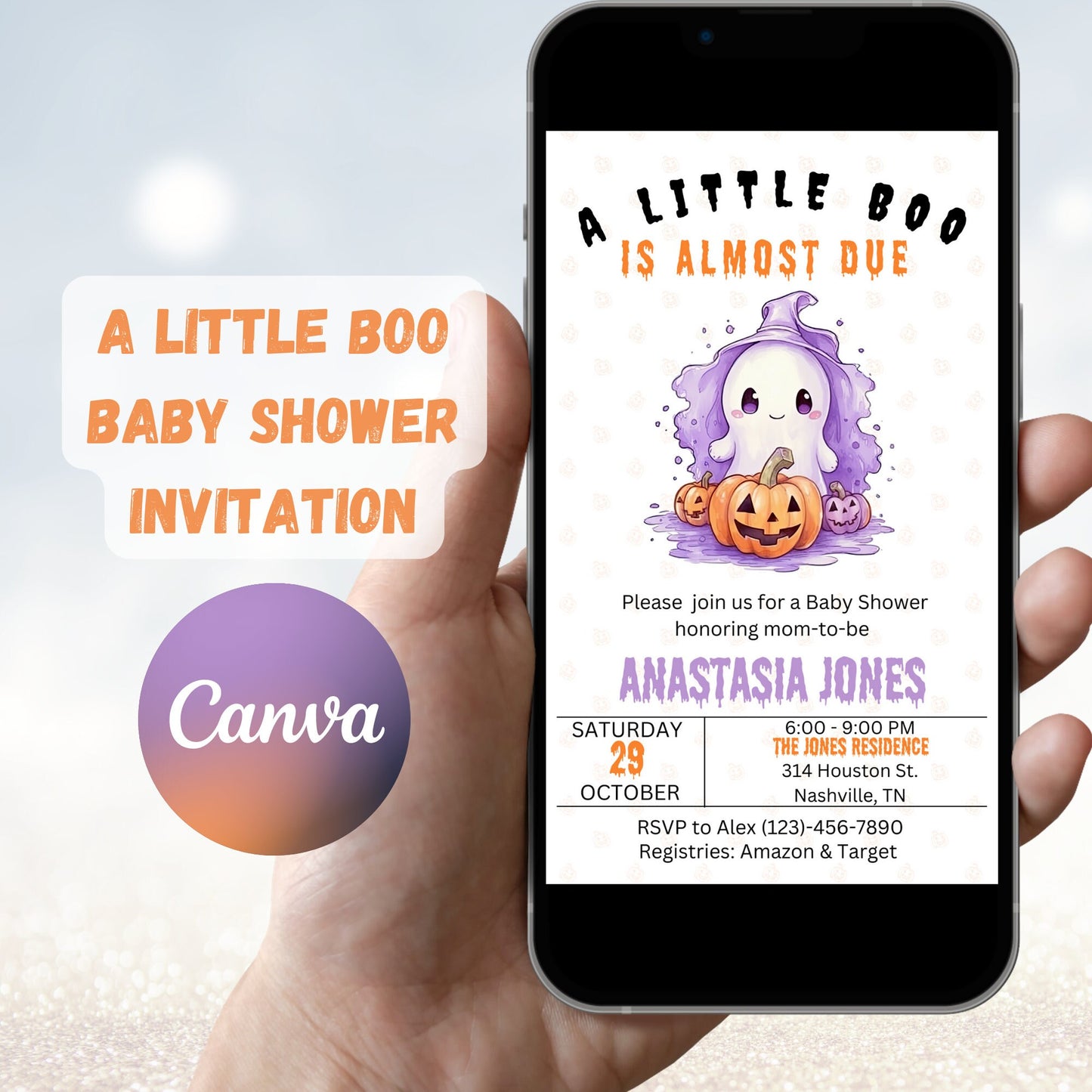 Editable A Little Boo Baby Shower Invitation, Gender Neutral Halloween Baby Shower Invite, Ghost Halloween Baby Shower, Instant Download