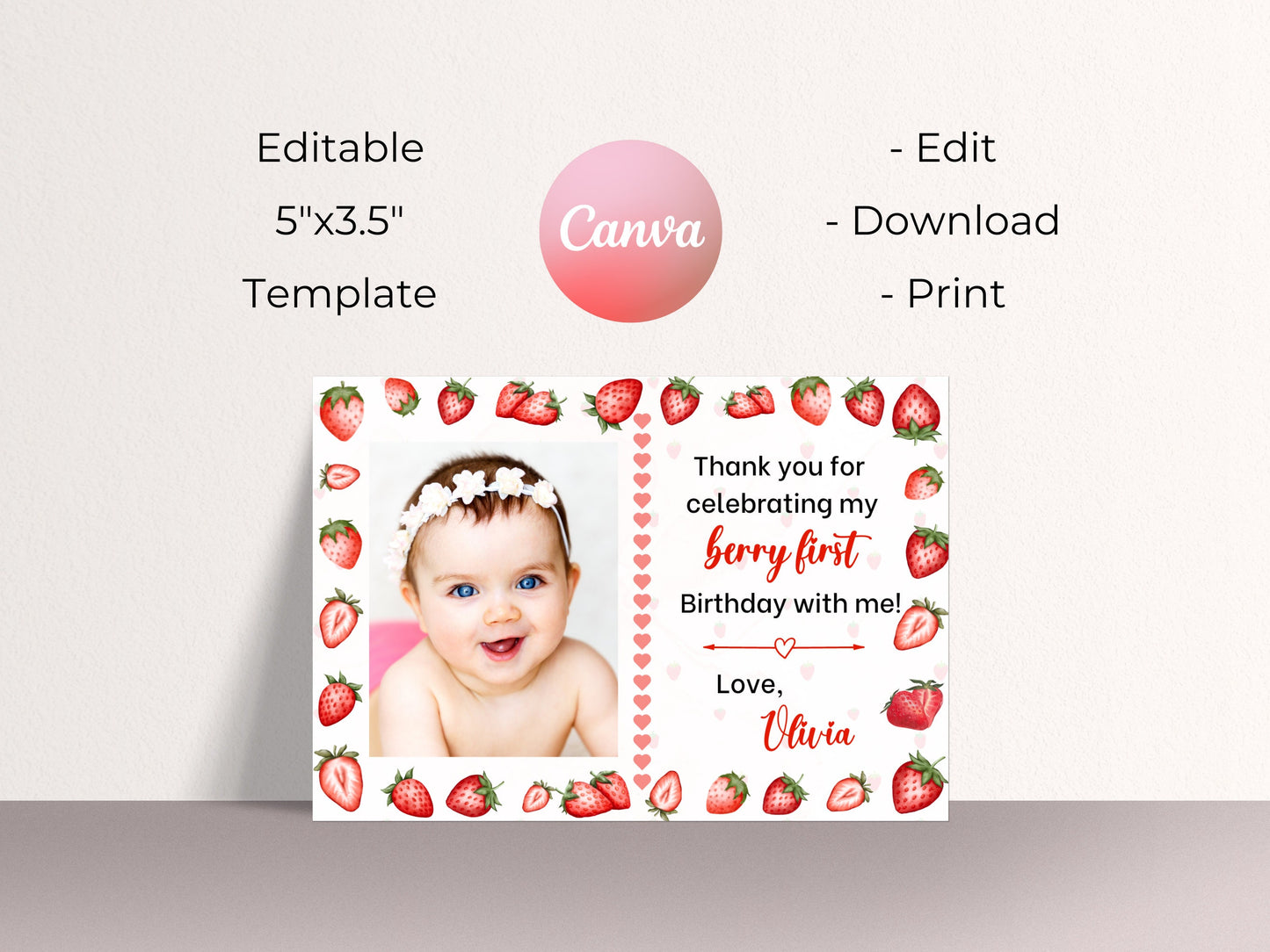 Berry First Birthday Thank You Card, Editable Strawberry 1st Birthday Thank You Card, Strawberry Birthday Thank You Card with Photo Template