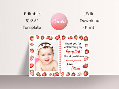 Berry First Birthday Thank You Card, Editable Strawberry 1st Birthday Thank You Card, Strawberry Birthday Thank You Card with Photo Template