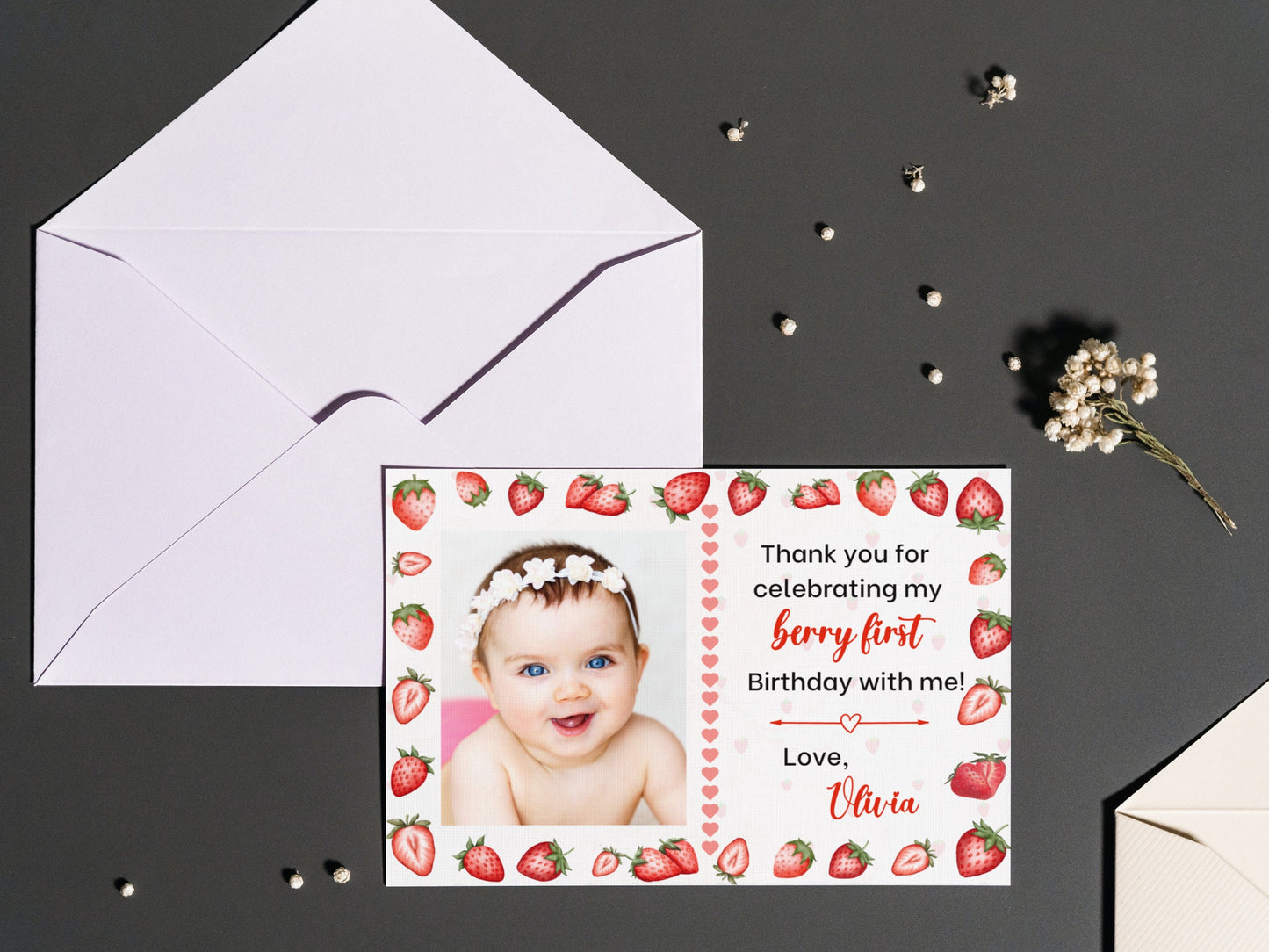 Berry First Birthday Thank You Card, Editable Strawberry 1st Birthday Thank You Card, Strawberry Birthday Thank You Card with Photo Template