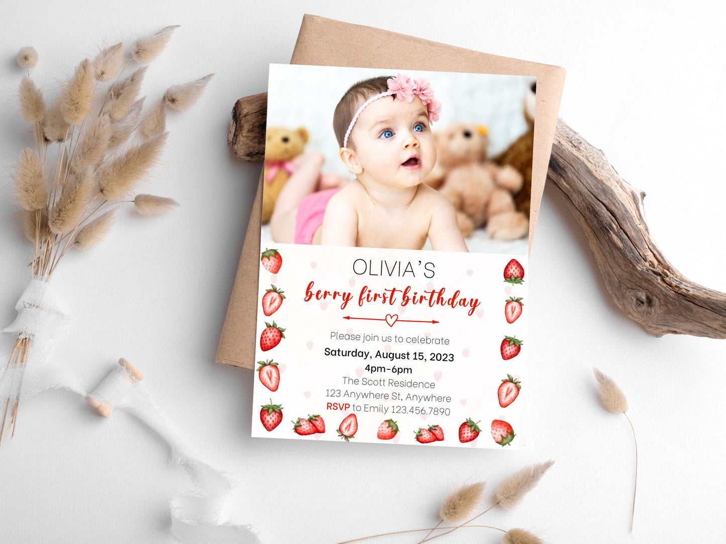 Berry First Birthday Invitation, Editable Strawberry 1st Birthday Invite, Strawberry Birthday Invitation, Photo Birthday Invitation Template