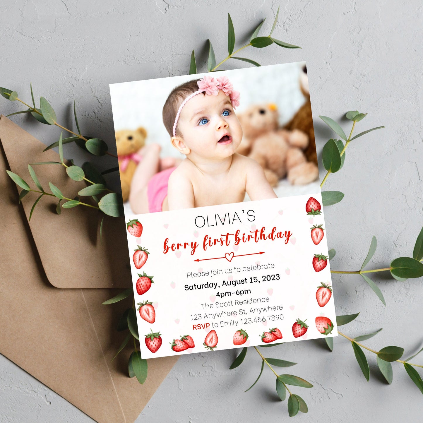 Berry First Birthday Invitation, Editable Strawberry 1st Birthday Invite, Strawberry Birthday Invitation, Photo Birthday Invitation Template