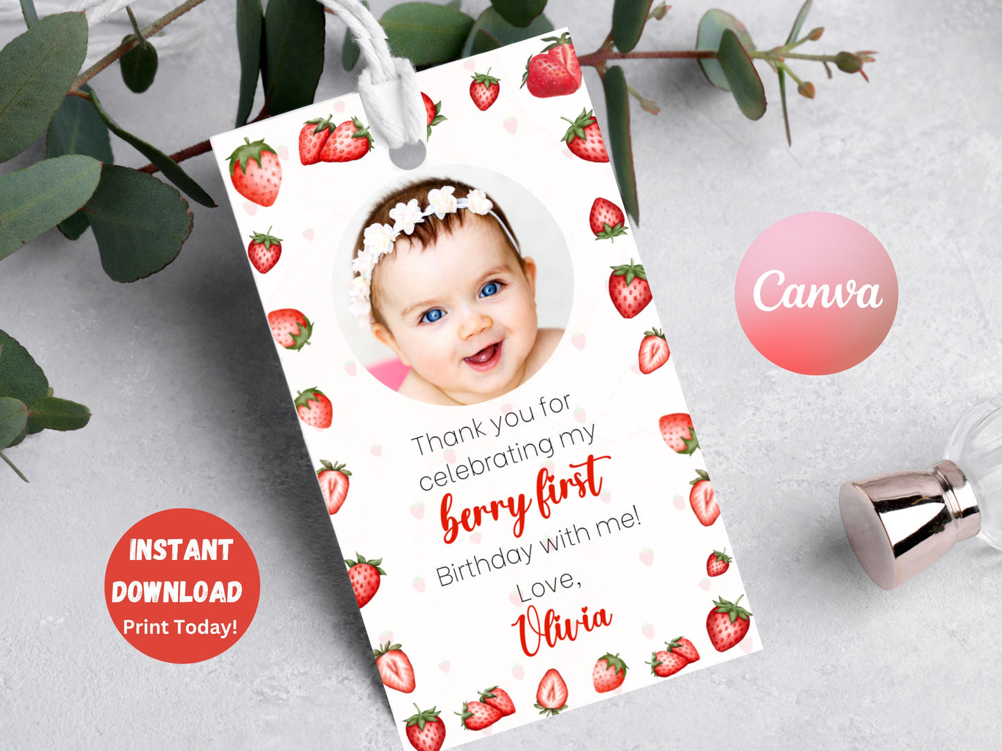 Berry First Birthday Favor Tag, Editable Strawberry Thank You Tag, Strawberry Birthday Goodie Bag Label, Berry First Gift Tag, Printable