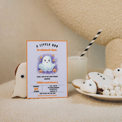 A Little Boo Baby Shower Invitation, Editable Halloween Baby Shower Invite, Ghost Halloween Baby Shower, Little Boo is Due, Instant Download