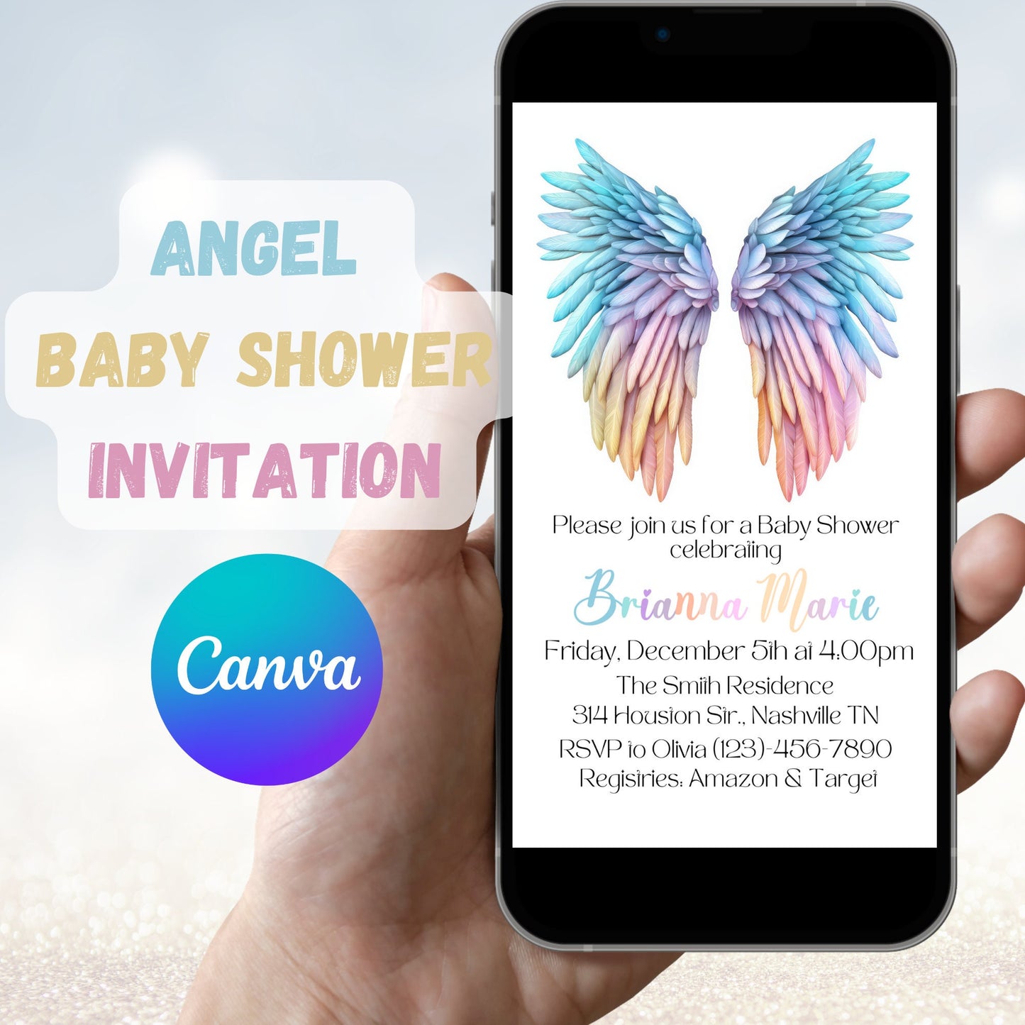 Angel Wings Baby Shower Invitation Template, Rainbow Wings Baby Shower Invite, Rainbow Gender Reveal Invite, Editable Instant Download