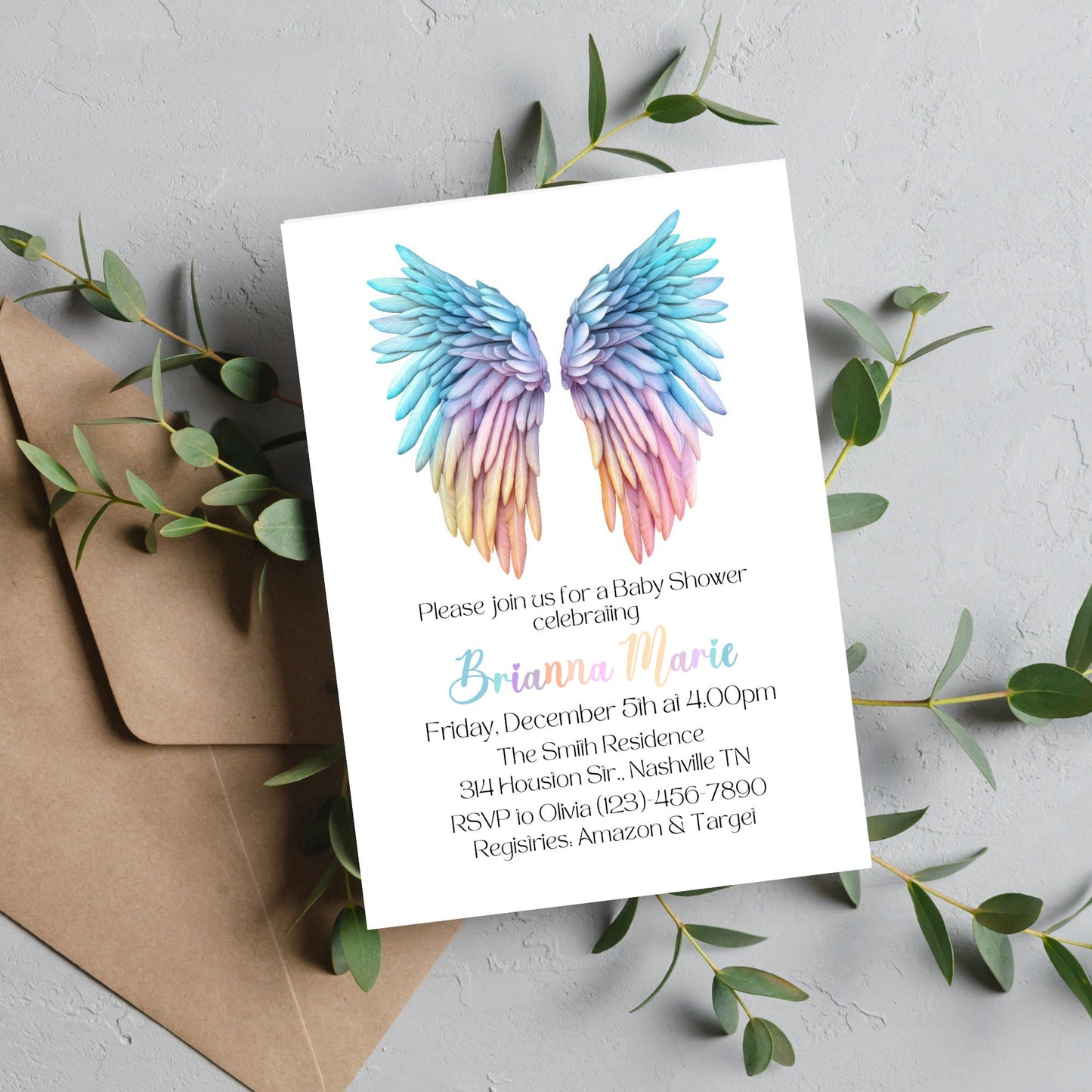 Angel Wings Baby Shower Invitation Template, Rainbow Wings Baby Shower Invite, Rainbow Gender Reveal Invite, Editable Instant Download