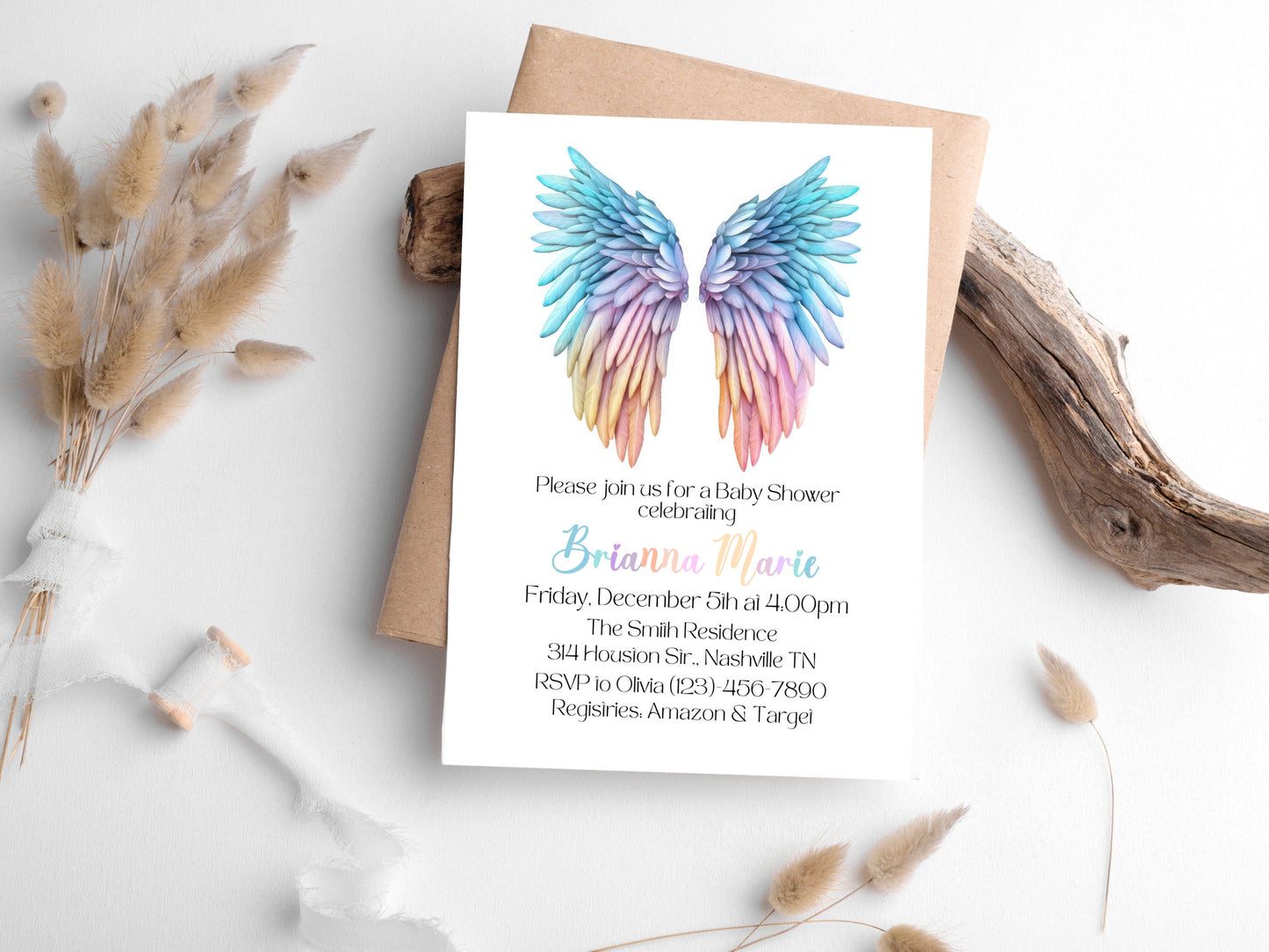 Angel Wings Baby Shower Invitation Template, Rainbow Wings Baby Shower Invite, Rainbow Gender Reveal Invite, Editable Instant Download