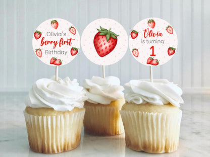 Berry First Birthday Cupcake Toppers, Strawberry Cupcake Toppers, Berry First Birthday Party Decoration, Berry Birthday, Instant Download