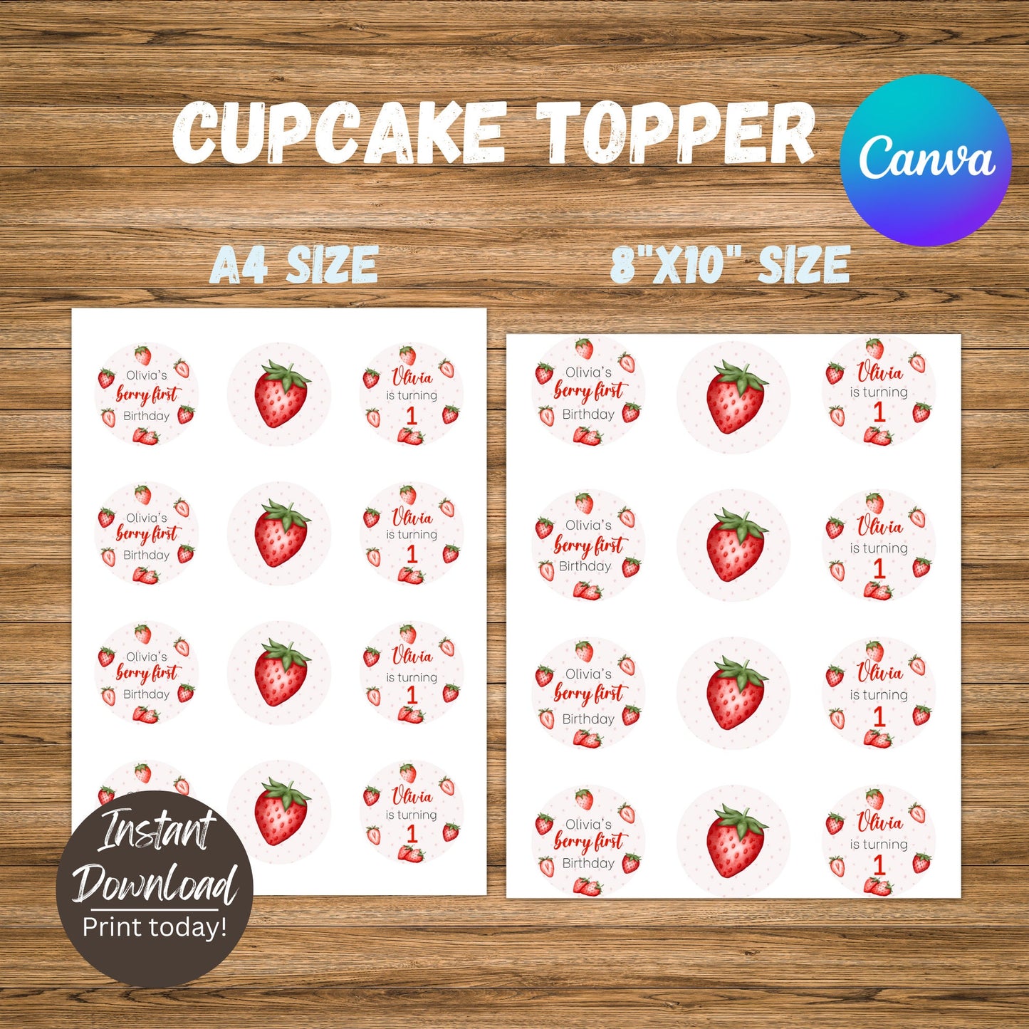 Berry First Birthday Cupcake Toppers, Strawberry Cupcake Toppers, Berry First Birthday Party Decoration, Berry Birthday, Instant Download