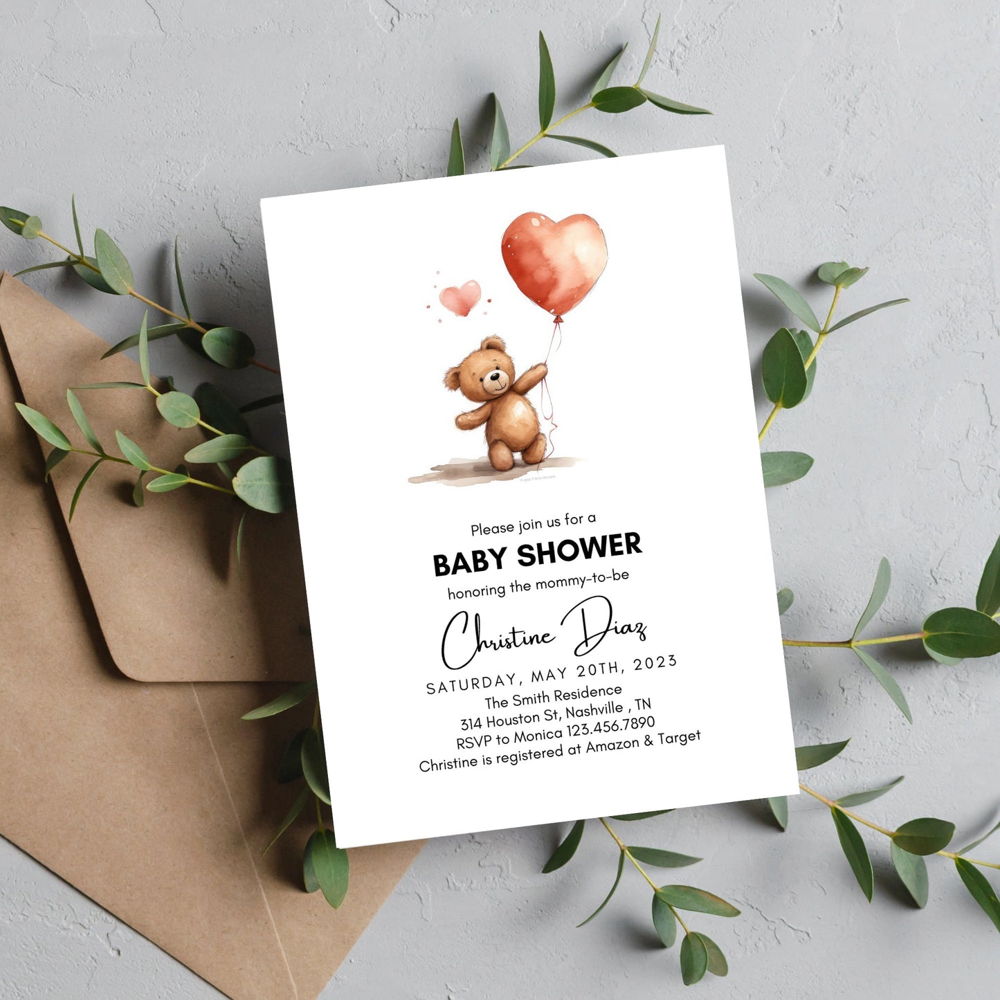 Editable Bear Baby Shower Invitation, Gender Neutral Bear Invite, We Can Bearly Wait, Brown Bear Baby Shower Invitation, Minimal Invitation