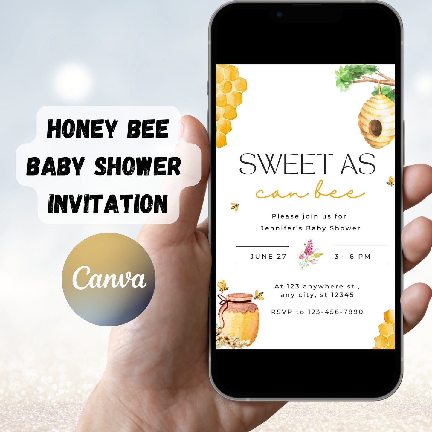 Sweet as can Bee Baby Shower Invitation, Honey Bee Baby Shower Invite, Bee Baby Shower Invitation Template, Honeycomb, Instant Download