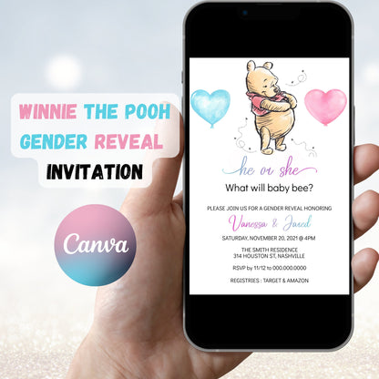 Editable Winnie the Pooh Gender Reveal Invitation Pooh Bear Invitation He or She Winnie Baby Shower Bee Gender Reveal Invite Printable