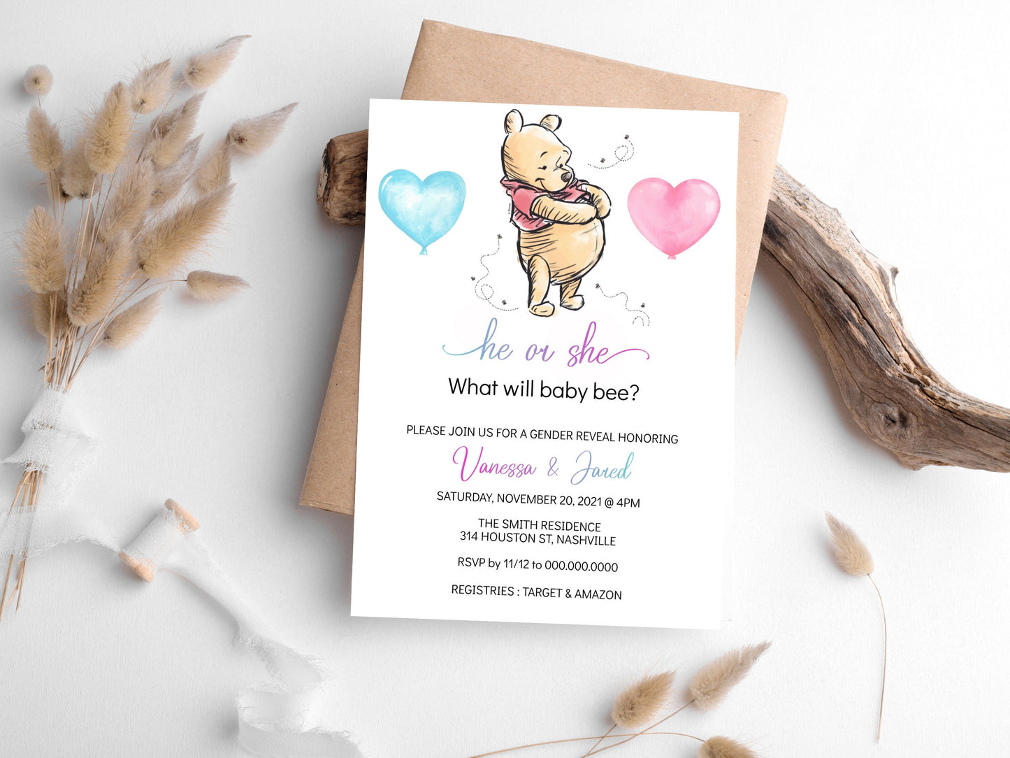 Editable Winnie the Pooh Gender Reveal Invitation Pooh Bear Invitation He or She Winnie Baby Shower Bee Gender Reveal Invite Printable