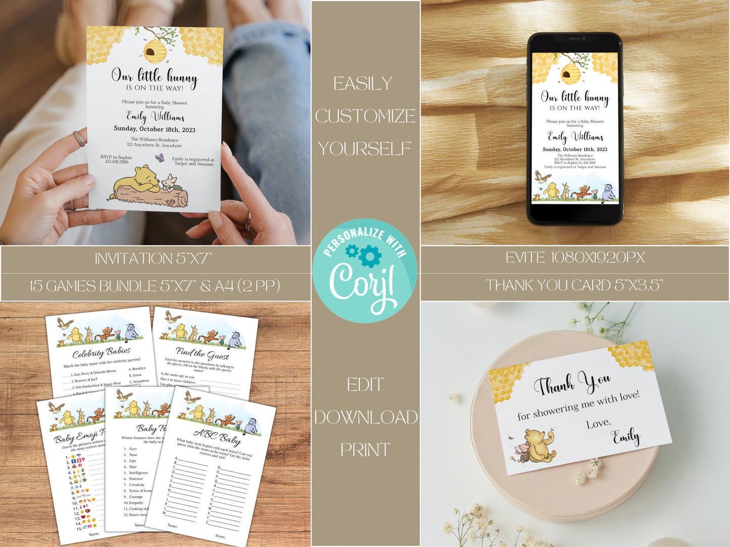 Classic Winnie the Pooh Baby Shower Bundle, Gender Neutral Pooh Bear Baby Shower Decoration, Little Hunny Baby Shower, Instant Download