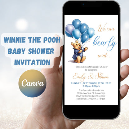 Winnie the Pooh Baby Shower Invitation Template, Boy Pooh Bear Baby Shower, Editable Winnie Invitation, Boy Pooh Bear, Instant Download