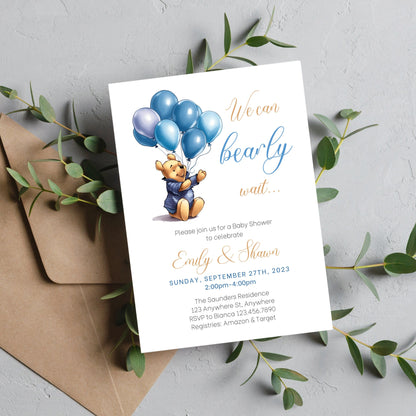 Winnie the Pooh Baby Shower Invitation Template, Boy Pooh Bear Baby Shower, Editable Winnie Invitation, Boy Pooh Bear, Instant Download