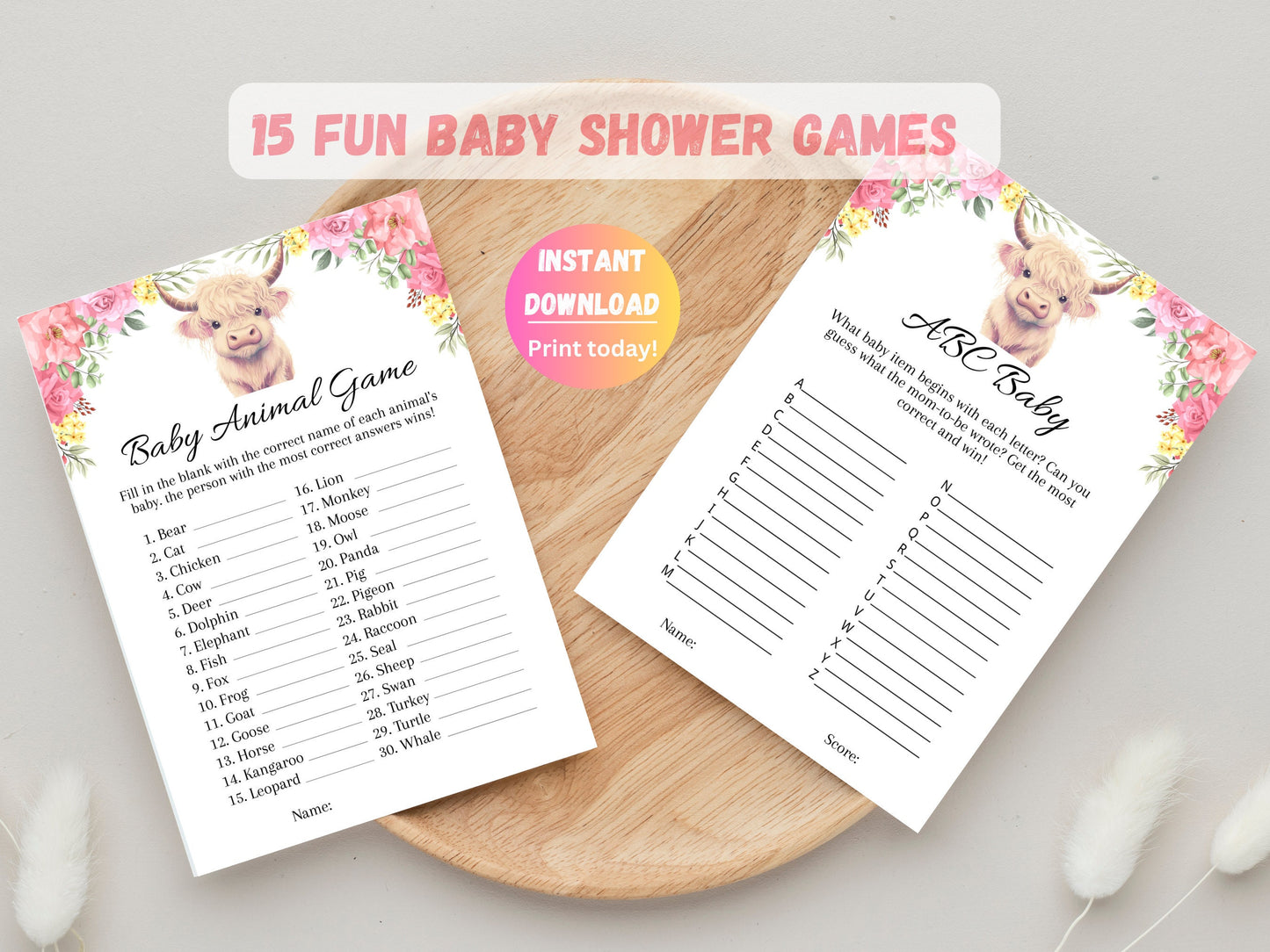 15 Highland Cow Baby Shower Games, Floral Cow Baby Shower Game Bundle, Holy Cow Baby Shower Game Bundle, Fun Baby Shower, Instant Download