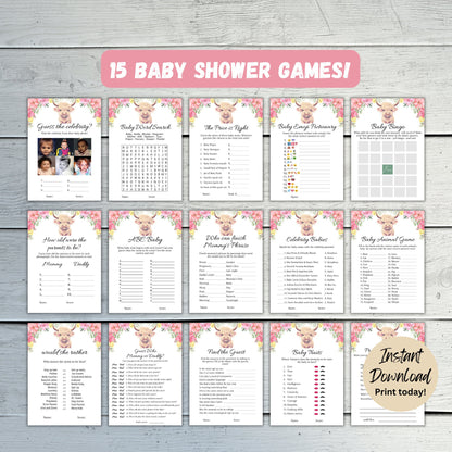 15 Highland Cow Baby Shower Games, Floral Cow Baby Shower Game Bundle, Holy Cow Baby Shower Game Bundle, Fun Baby Shower, Instant Download