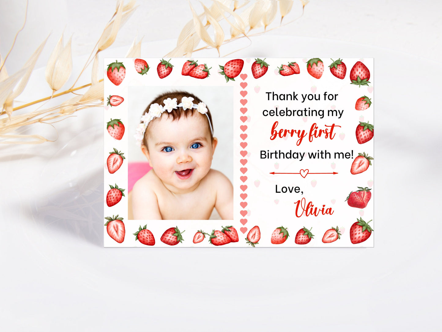 Berry First Birthday Thank You Card, Editable Strawberry 1st Birthday Thank You Card, Strawberry Birthday Thank You Card with Photo Template